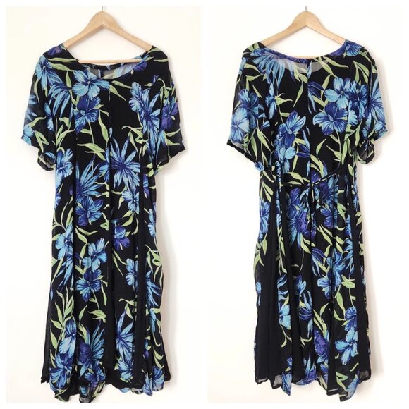 Vintage Dresses & Skirts - Vintage 90s Black Floral Midi Dress Crinkle‎ Fairy Grunge Blue Lola P Medium